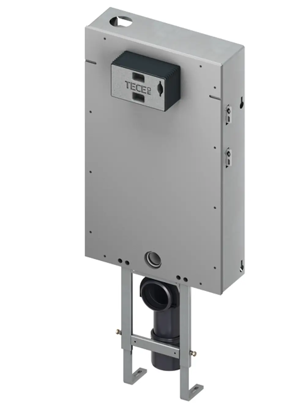 TECE WC-Modul mit Uni-Spülkasten und verfliesungsfähiger Frontverkleidung, montiert auf stabilen Füßen, mit Abflussrohr unten.